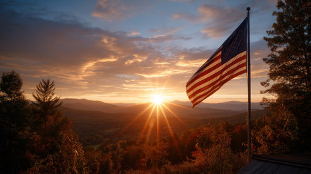 American flag in nature against a background of sunset in pink ligh. Election Day in the USA. America Day. Festive Mood on President's Day.の素材