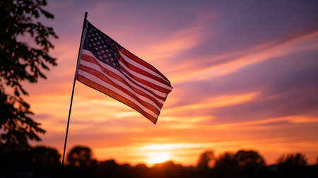 American flag in nature against a background of sunset in pink ligh. Election Day in the USA. America Day. Festive Mood on President's Day.の素材
