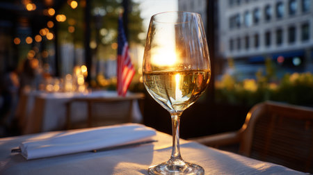 Table in a chic restaurant with a glass of white wine, and an American flag, soft golden light, with beautiful lighting, outdoors and at night. Election Day in the USA. America Day. Festive Mood on President's Day.の素材