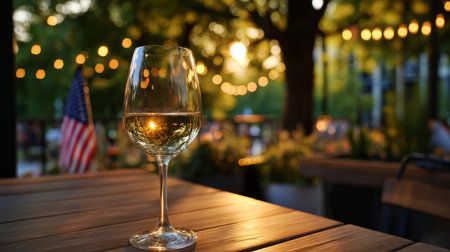 Table in a chic restaurant with a glass of white wine, and an American flag, soft golden light, with beautiful lighting, outdoors and at night. Election Day in the USA. America Day. Festive Mood on President's Day.の素材