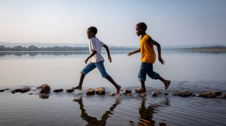 African primary school children playing games. Black children, full of life and joy, enjoying their childhood and playing together. Small faces with big smiles.の素材