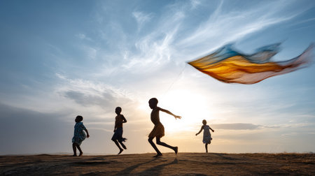 African primary school children playing games. Black children, full of life and joy, enjoying their childhood and playing together. Small faces with big smiles.の素材