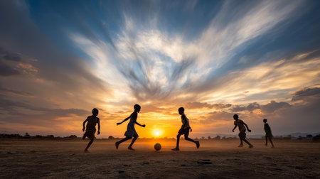 African primary school children playing games. Black children, full of life and joy, enjoying their childhood and playing together. Small faces with big smiles.の素材