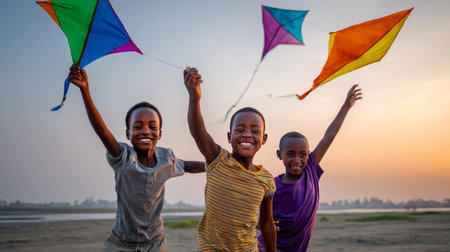 African primary school children playing games. Black children, full of life and joy, enjoying their childhood and playing together. Small faces with big smiles.の素材