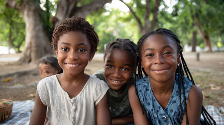 African primary school children playing games. Black children, full of life and joy, enjoying their childhood and playing together. Small faces with big smiles.の素材