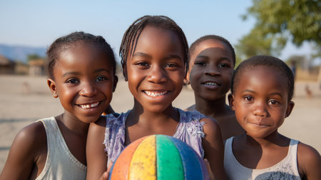 African primary school children playing games. Black children, full of life and joy, enjoying their childhood and playing together. Small faces with big smiles.の素材