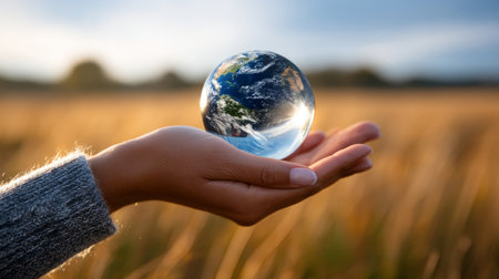 Planet Earth with clean air and nature relying on renewable resources. Ecological concept of alternative sustainable energy for an ecologically clean planet. Concept of ecology and environmental protection.の素材