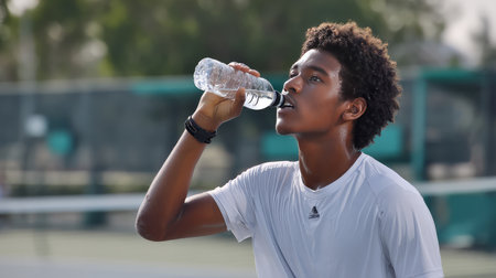 Tennis player on the court drinks water from a bottle.の素材