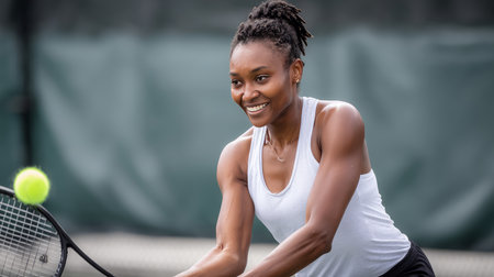 happy tennis player hits a ball that is in the air.の素材