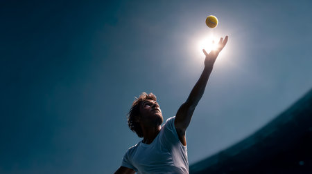 A tennis player throws a tennis ball high to hit it, top view.の素材