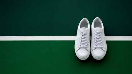 Tennis shoes placed neatly on a green court surface, minimalistic and clean.の素材