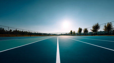 Tennis court is empty in luxury villa complex for sports games, competitions and great time for healthy lifestyle.の素材
