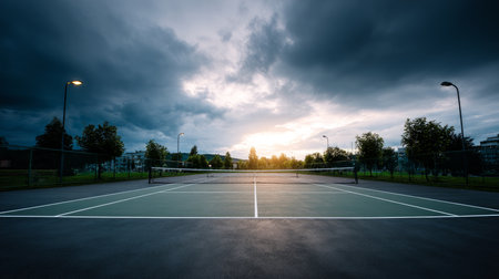 Tennis court is empty in luxury villa complex for sports games, competitions and great time for healthy lifestyle.の素材