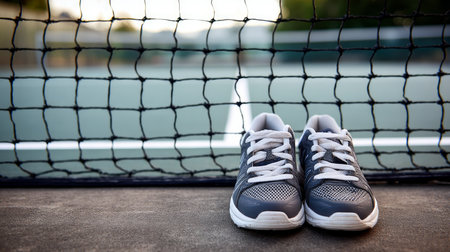 Tennis shoes placed neatly on a green court surface, minimalistic and clean.の素材