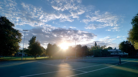Tennis court is empty in luxury villa complex for sports games, competitions and great time for healthy lifestyle.の素材