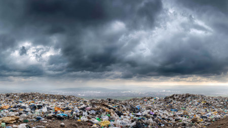 A landfill overflowing with plastic waste under a gloomy sky. Symbol of a major environmental problem caused by urban overconsumption waste. Abstract imageの素材