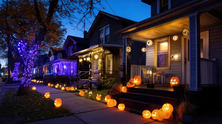 Halloween pumpkin on abandoned old road and medieval castle on the backgroundの素材