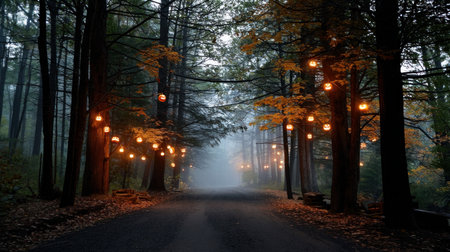 Halloween pumpkin on abandoned old road and medieval castle on the backgroundの素材