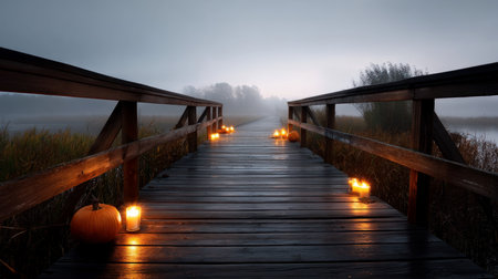 Halloween pumpkin on abandoned old road and medieval castle on the backgroundの素材