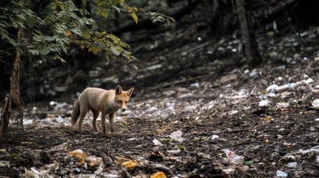 A fox among trash in the forest. The concept of pollution of forests and nature by man. A terrible dump in the forest. Ecological disaster.の素材