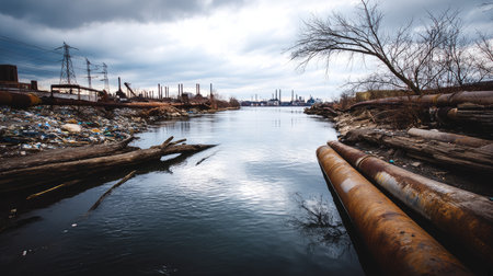Contaminated water and reservoirs in forests, pollution of surface waters as a result of human activity with chemicals. Industrial chemical pollution. Environmental pollution. Ecological disaster.の素材