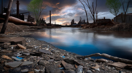 Contaminated water and reservoirs in forests, pollution of surface waters as a result of human activity with chemicals. Industrial chemical pollution. Environmental pollution. Ecological disaster.の素材