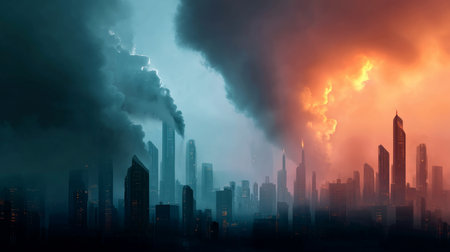 Industry metallurgical plant dawn smoke smog emissions bad ecology. Concept of air pollution in the city. Call for urgent action to protect the environmentの素材