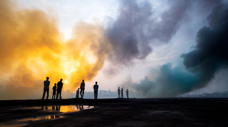 People in respiratory protective mask against air pollution and headache Suffocate. Concept of air pollution in the city. calling for urgent action to protect the environmentの素材
