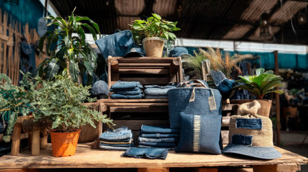 Linen cotton tote bag on green background of trees bushes foliage. Eco-friendly style. Recycling concept for environmental protection. Template for artwork text. Japanese.の素材