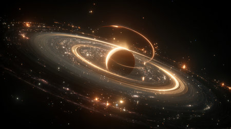 Space background with colorful nebula Galaxy Cloud. Bright galaxy shimmering neon blue and purple colors with distant stars. Mysterious alien star system with purple and green planets orbiting a bright, glowing sun.の素材