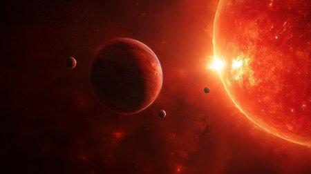 Space background with colorful nebula Galaxy Cloud. Bright galaxy shimmering neon blue and purple colors with distant stars. Mysterious alien star system with purple and green planets orbiting a bright, glowing sun.の素材