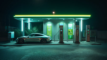 Using a charging station. Sustainability assessment, renewable energy concept. Electric vehicle using a sustainable source. Savings, climate changeの素材