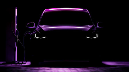 Black modern car headlights - front view. Silhouette of black sports car with headlights on black background in furry styleの素材