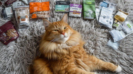 Domestic cat with signs of obesity: thick belly and swollen fat muzzle. Sedentary lifestyle in a pet. Disease. Laziness.の素材