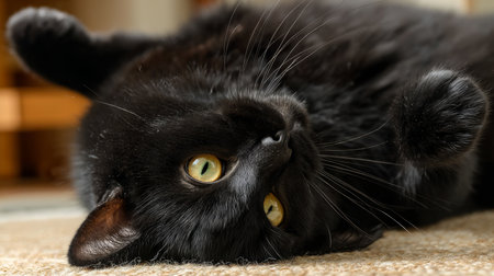 Domestic cat with signs of obesity: thick belly and swollen fat muzzle. Sedentary lifestyle in a pet. Disease. Laziness.の素材