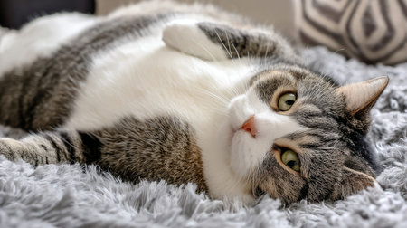 Domestic cat with signs of obesity: thick belly and swollen fat muzzle. Sedentary lifestyle in a pet. Disease. Laziness.の素材
