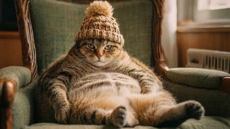 Domestic cat with signs of obesity: thick belly and swollen fat muzzle. Sedentary lifestyle in a pet. Disease. Laziness.の素材