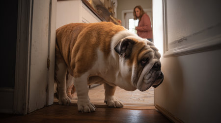 Cute fat dog sad because of excess weight. Modern problem of obesity in pets due to overfeeding with food and treats. Concept of diet and fight against excess weight in dogs and awareness of animal health.の素材
