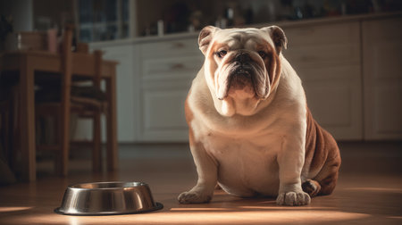 Cute fat dog sad because of excess weight. Modern problem of obesity in pets due to overfeeding with food and treats. Concept of diet and fight against excess weight in dogs and awareness of animal health.の素材