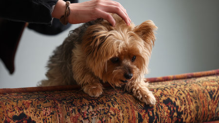 Cute fat dog sad because of excess weight. Modern problem of obesity in pets due to overfeeding with food and treats. Concept of diet and fight against excess weight in dogs and awareness of animal health.の素材