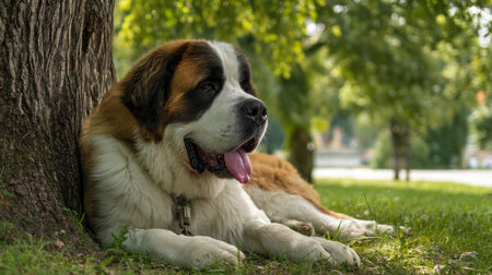 Cute fat dog sad because of excess weight. Modern problem of obesity in pets due to overfeeding with food and treats. Concept of diet and fight against excess weight in dogs and awareness of animal health.の素材