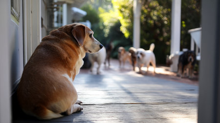 Cute fat dog sad because of excess weight. Modern problem of obesity in pets due to overfeeding with food and treats. Concept of diet and fight against excess weight in dogs and awareness of animal health.の素材