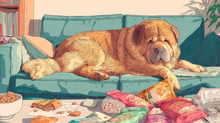 Cute fat dog sad because of excess weight. Modern problem of obesity in pets due to overfeeding with food and treats. Concept of diet and fight against excess weight in dogs and awareness of animal health.の素材