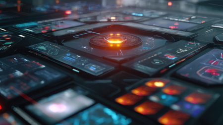 Zero-gravity space lab with robotic experiment modules. Cargo spaceship on orbit of planet Earth. Exploration of space.の素材