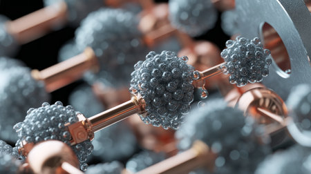 Nanotechnology particles assembling a machine part in macro detail. Crystalline molecular lattice of grapheneの素材