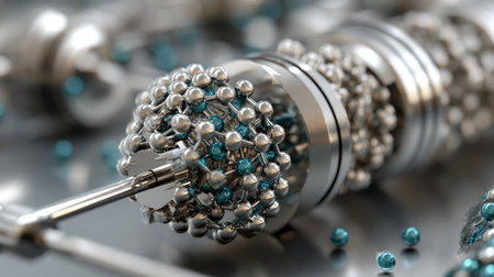 Nanotechnology particles assembling a machine part in macro detail. Crystalline molecular lattice of grapheneの素材