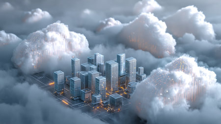 backup service on the internet network, technology cloud data storage. concept of application platform connects technology, solution big data, information system security, and business digital server, floating above a smart city in the clouds.の素材