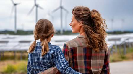 Mother and daughter looking at solar panels. Solar farm and sunlight at sunset. Solar energy for green energy. Sustainable renewable energy. Photovoltaic power plant or solar park. Energy sustainabilityの素材