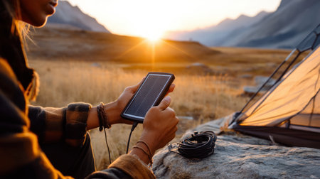 Person sitting near tent in camping during outdoor trip and holding portable solar panel in hand. Charging gadgets with portable solar panel. Concept of modern technologies for travel.の素材