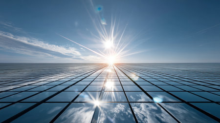 Photovoltaic solar power panel on blue sky ,green clean alternative energy. environmentally friendly. Clean energy and environment. 3D rendering.の素材